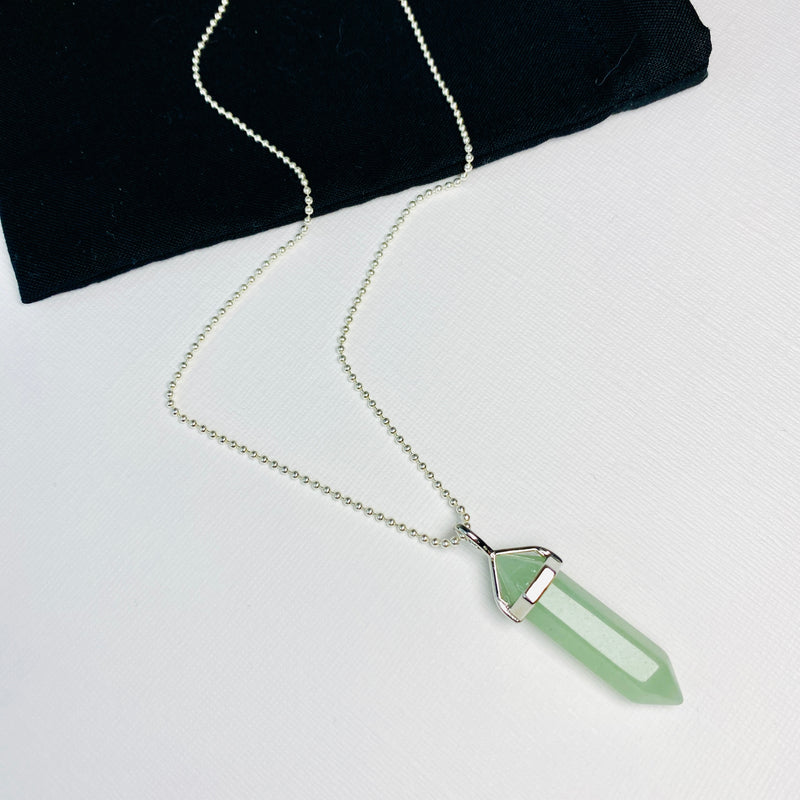 Aventurine point pendant necklace. Healing necklace with aventurine gemstone on silver chain. KookyTwo.
