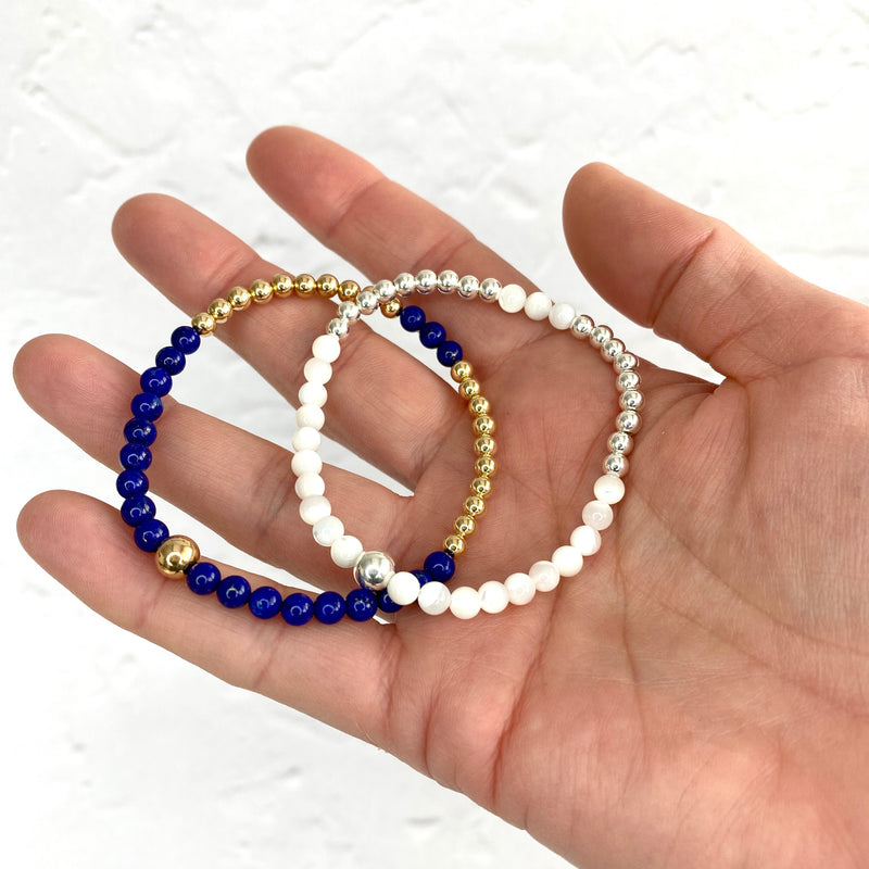 Lapis lazuli and 14k gold filled bead bracelet. Mother of pearl and sterling silver bead bracelet.