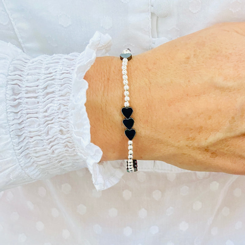 Black heart bead bracelet. Heart bead and silver bead bracelet. Sterling silver heart bracelet.