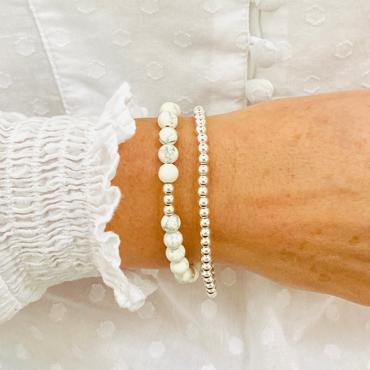 Howlite bracelet with silver beads. Sterling silver bracelet stacking set.