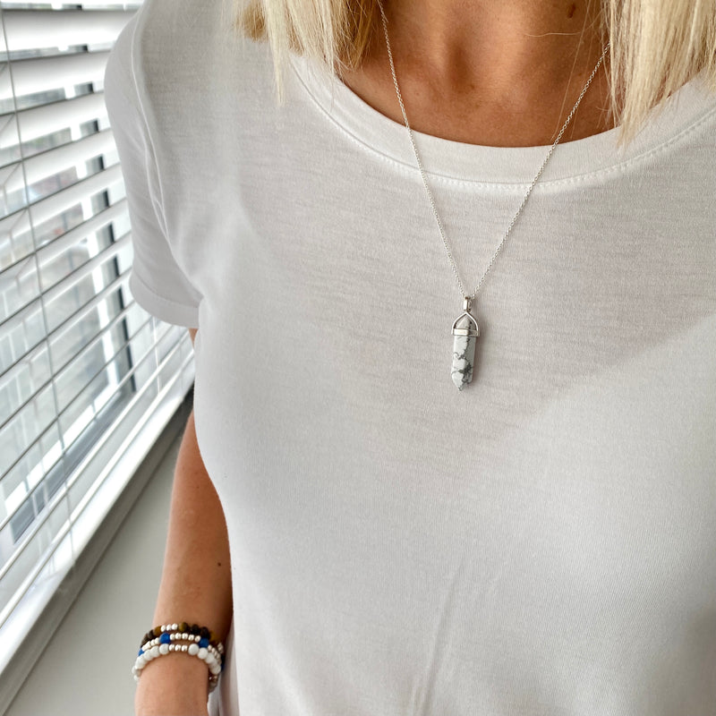CALM | Crystal howlite point pendant with a marble effect on a sterling silver necklace. Said to bring calm and balance. Kooky Two.