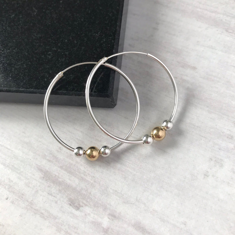 Three Gold Bead Silver Hoop Earrings - KookyTwo