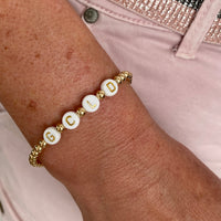 Gold letter bead bracelet with 14k gold filled beads, not plated beads. KookyTwo.