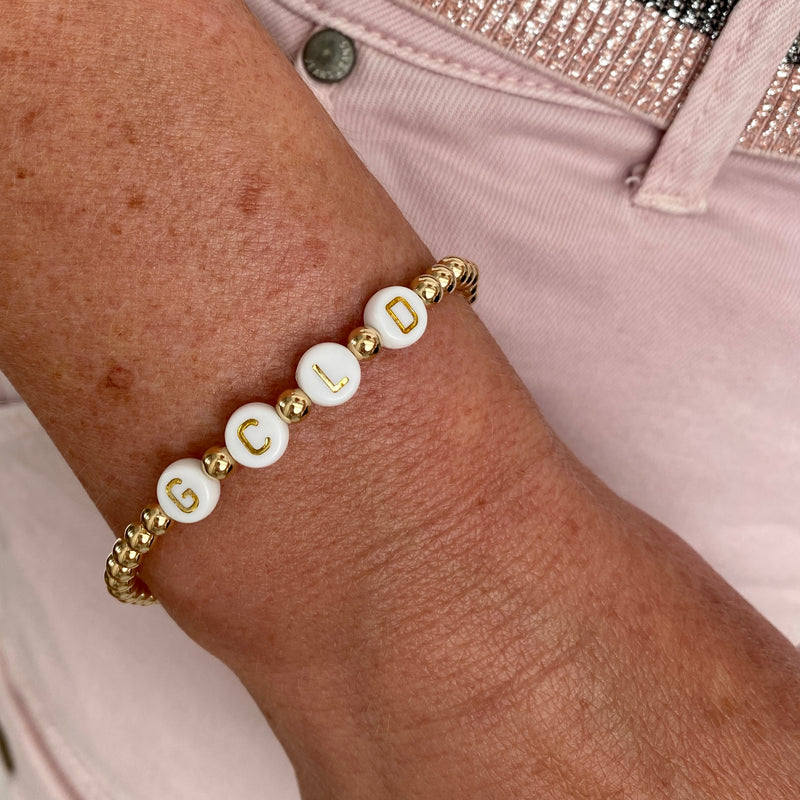 Gold letter bead bracelet with 14k gold filled beads, not plated beads. KookyTwo.