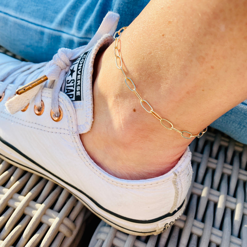 Anklet trend styling with gold chain anklet made with long links gold chain. KookyTwo anklets.