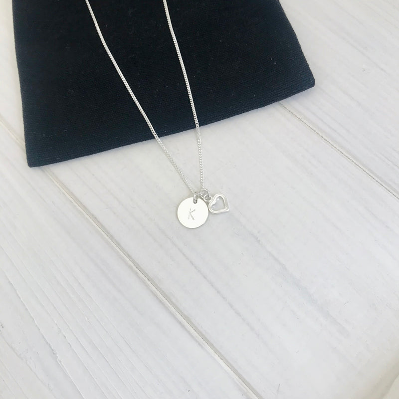 Silver Initial Disc and Heart Necklace - KookyTwo