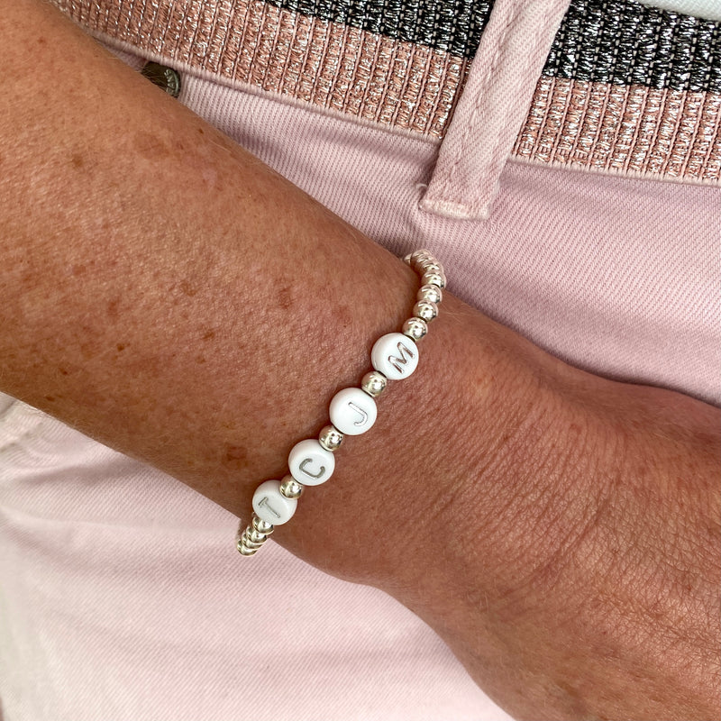 Silver letter bead bracelet with sterling silver beads, not plated beads. KookyTwo.