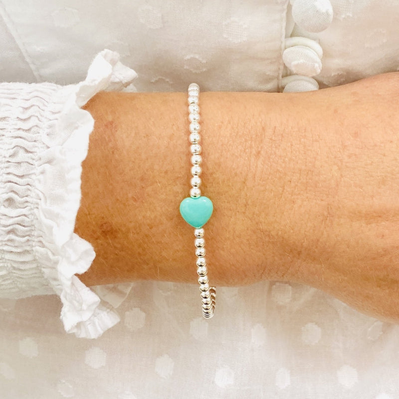 Jade Heart Bead Bracelet. Sterling Silver Bead Bracelet with Heart Bead.