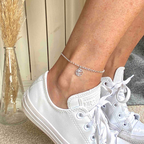 Palm tree anklet with palm tree charm in sterling silver. Adjustable anklet beach accessory for ladies. Summer jewellery style. KookyTwo