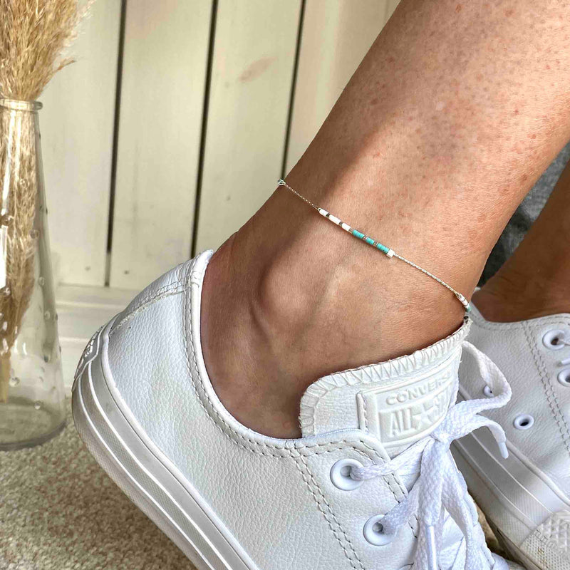 Pretty beaded anklet in sterling silver with jade beads.