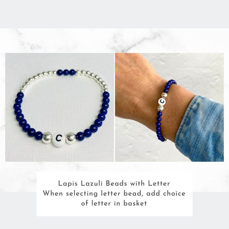 Lapis Lazuli Bracelet with sterling silver beads and letter bead.