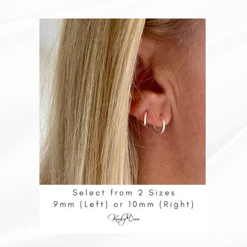 Easy to wear mini hoop earrings with stud style backs. KookyTwo Jewellery in sterling silver.