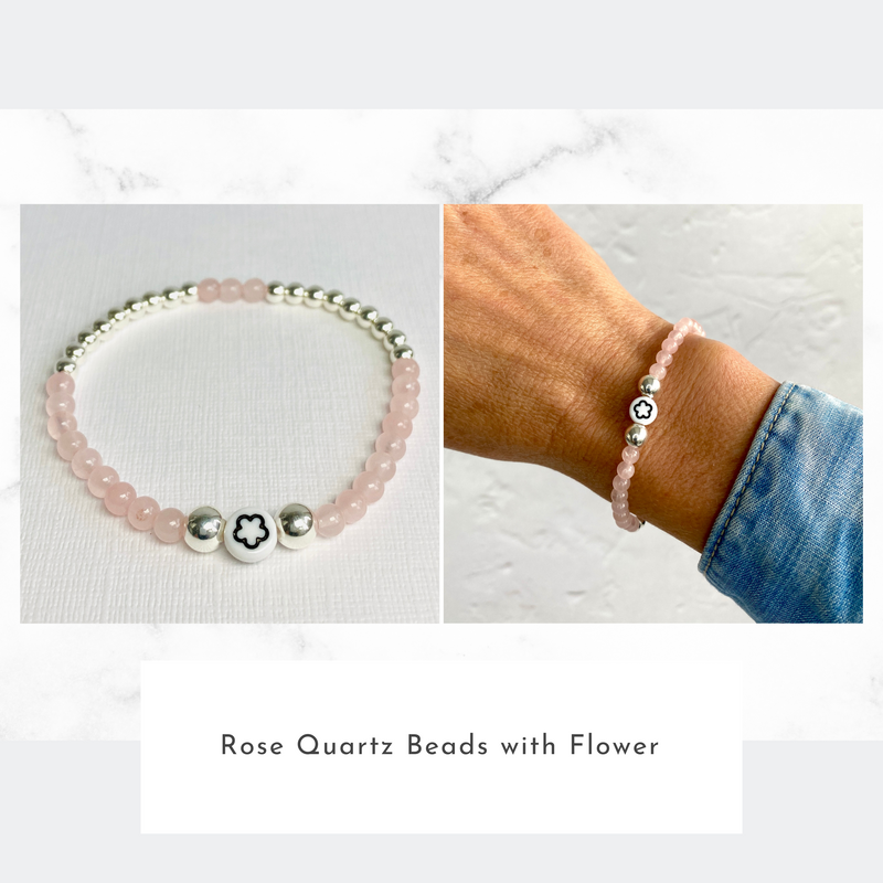 Rose quartz bracelet with sterling silver beads and flower bead
