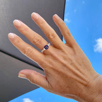 Vibrant blue beaded silver ring with stretch fit.