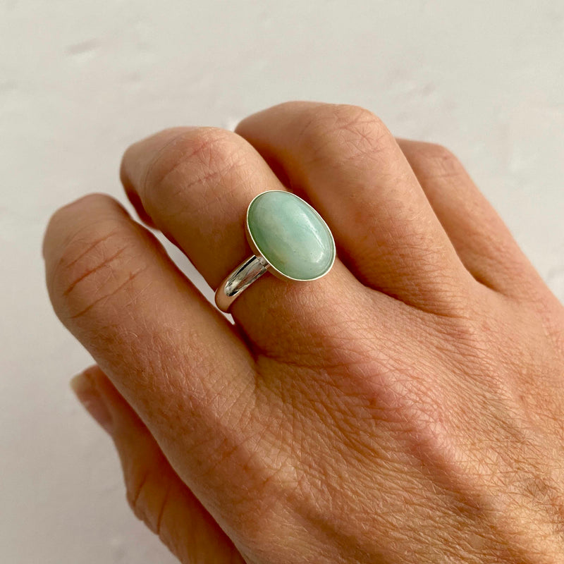 Adjustable ring with amazonite gemstone in sterling silver. KookyTwo jewellery.