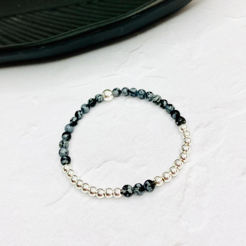 Snowflake obsidian gemstone bracelet with sterling silver beads