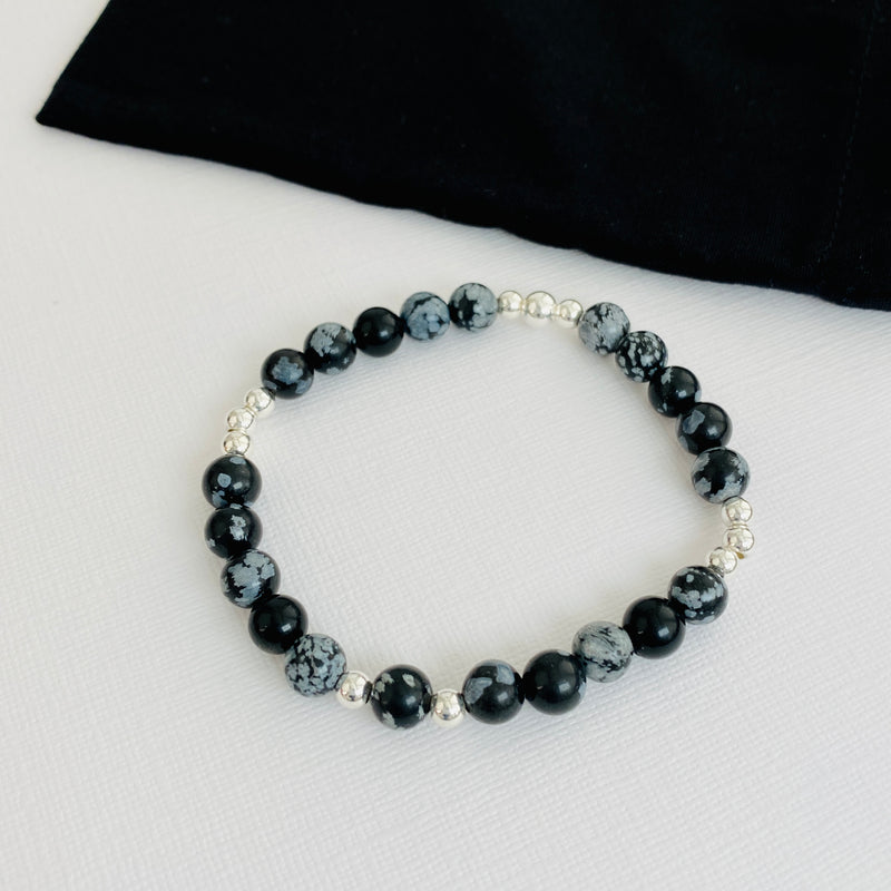 Snowflake Obsidian Bracelet with Silver Accent | Solo or Stack Set