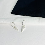 Mini silver hoops with sparkle triangle drop. KookyTwo Jewellery.