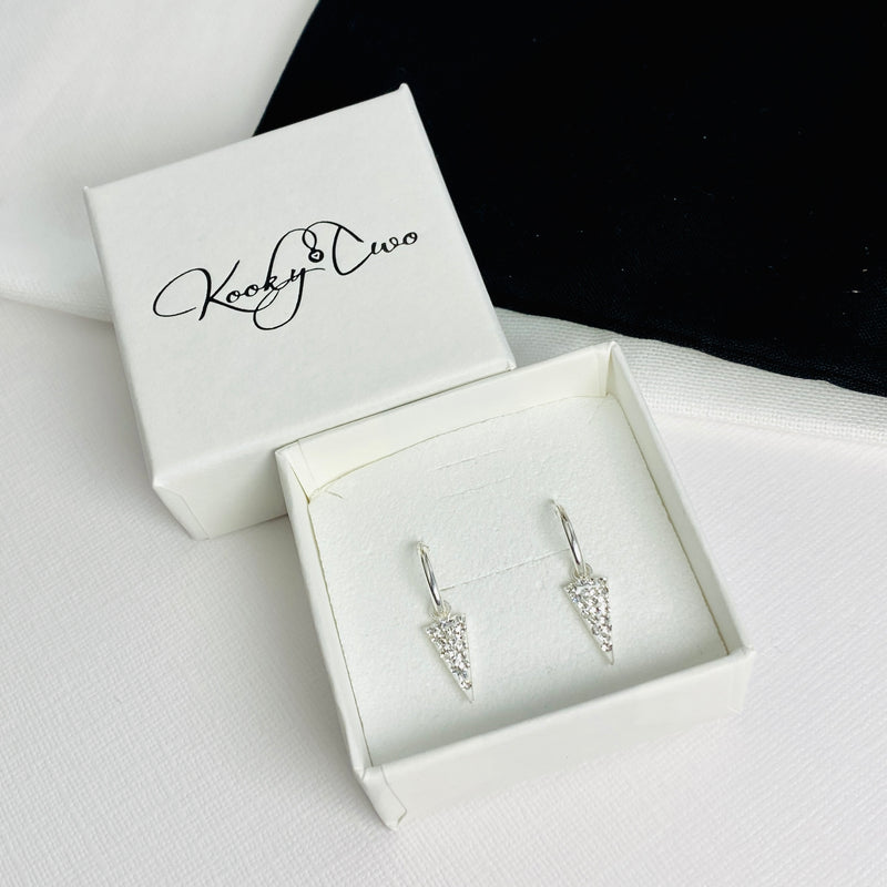 Sparkly drop earrings on mini silver hoop earrings great for stacking. KookyTwo Jewellery.