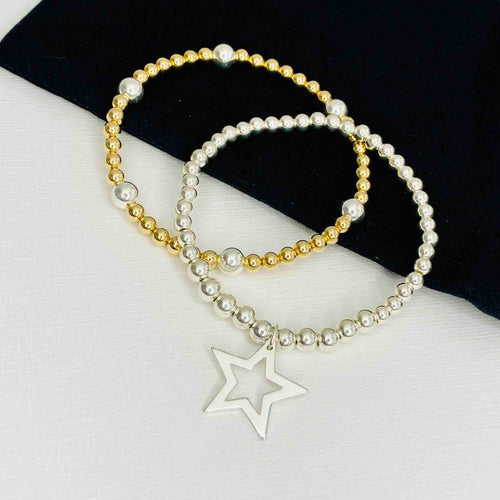 Sterling silver star charm on bead bracelet with silver and gold bead bracelet. Handmade bracelets. KookyTwo.