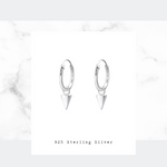 Sterling silver hoop earrings with spike charms. KookyTwo Jewellery.