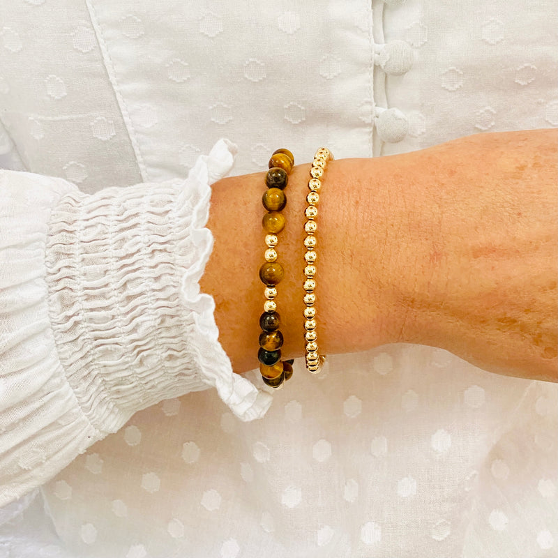 Tiger eye bracelet and gold bead bracelet. Tiger eye gemstone bracelet.