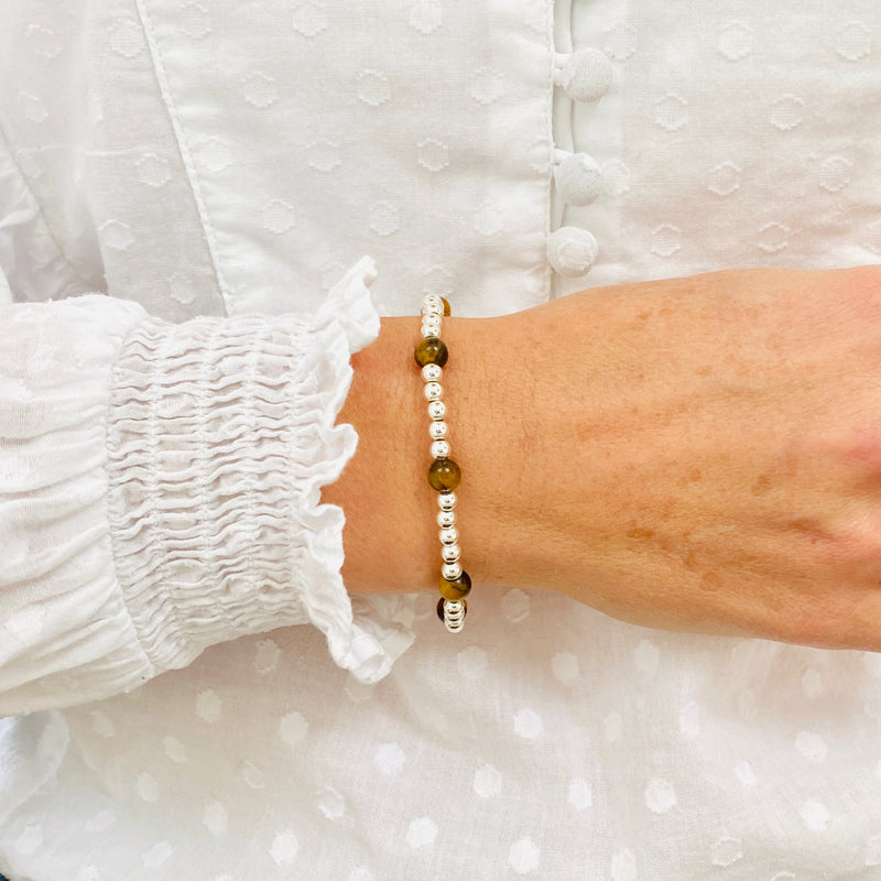 Tiger eye bracelet. Tiger eye beaded bracelet. Silver bead and tiger eye gemstone bracelet.