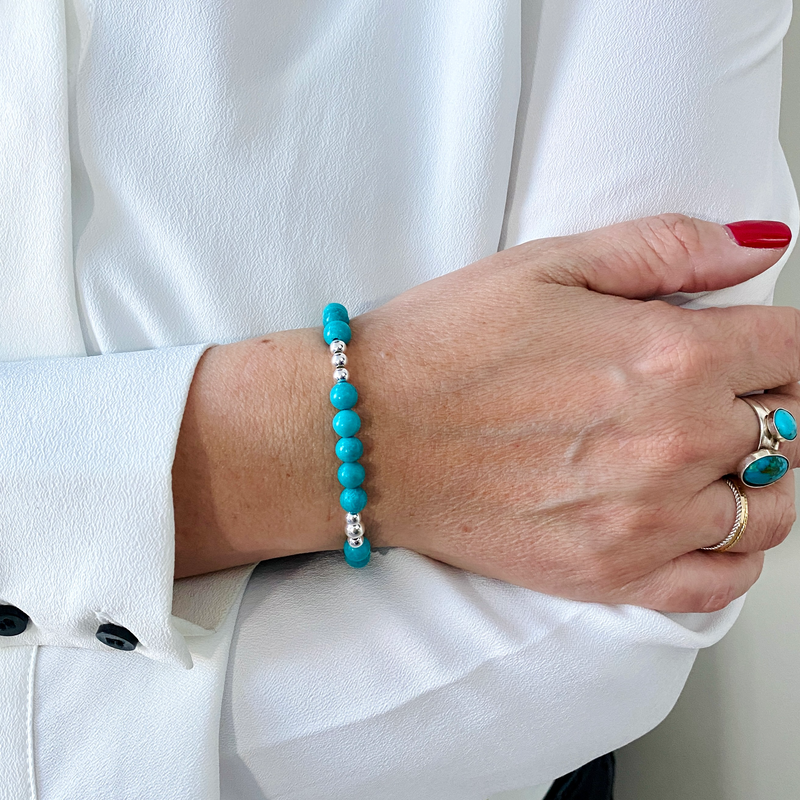 Turquoise bead bracelet with sterling silver beads. Matching turquoise gemstone rings also available at KookyTwo.